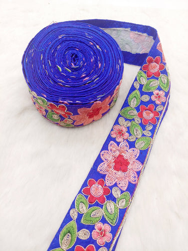 Blue Silk Fabric Embroidered Trim, Floral Embroidery Indian Sari Border Trim By Yard Decorative Trim Craft Lace, Sequins Trim